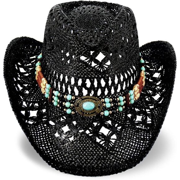 Women\'s Black 1 Straw Cowgirl Woven Western Two Decorative Bands Sun Hat main image 6